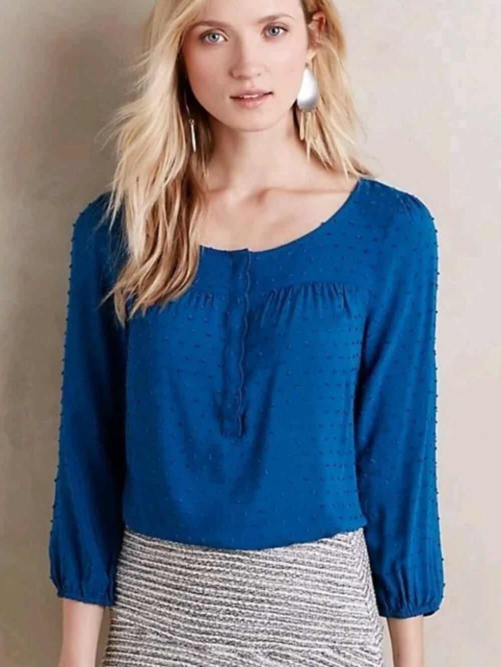 Maeve Anthropologie Navy Blue Swiss Dot Scallop Hem Blouse Size 4